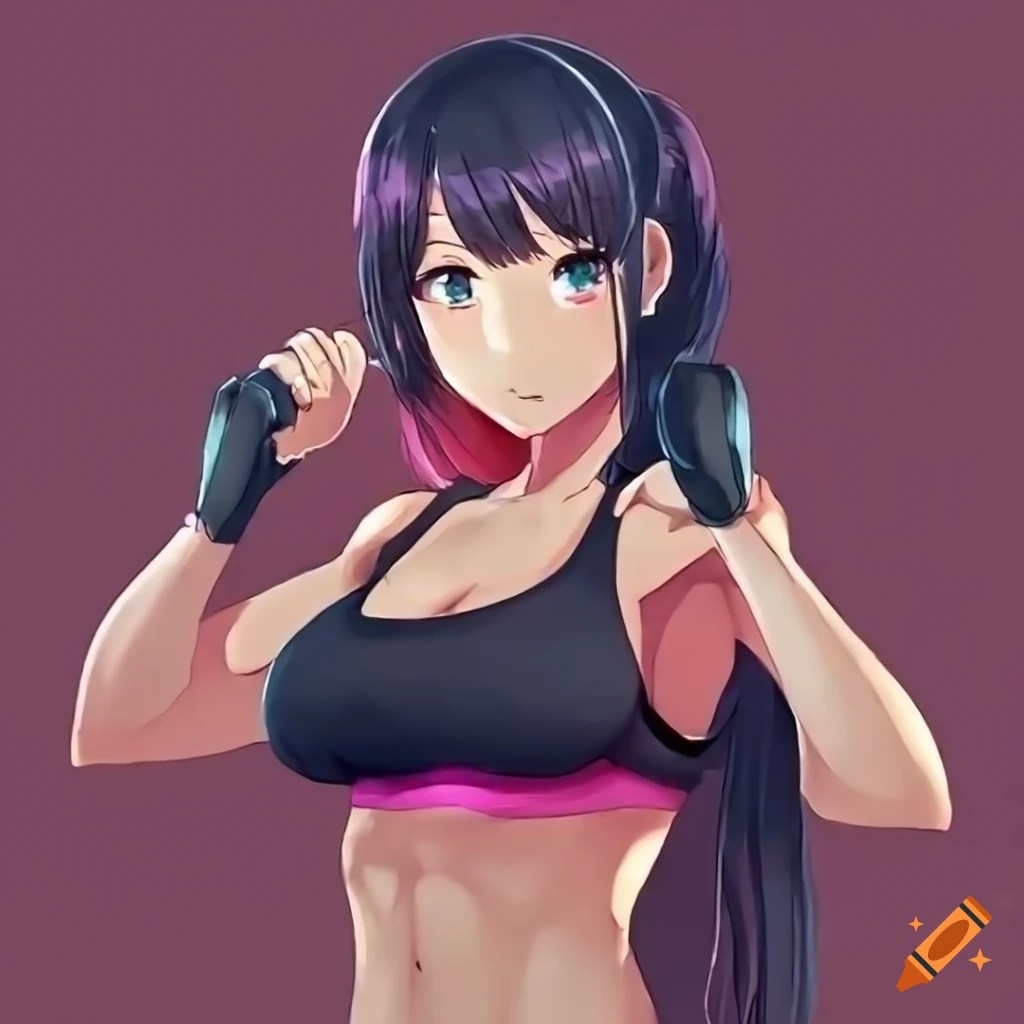 Anime girl in gym with strong abs 4k