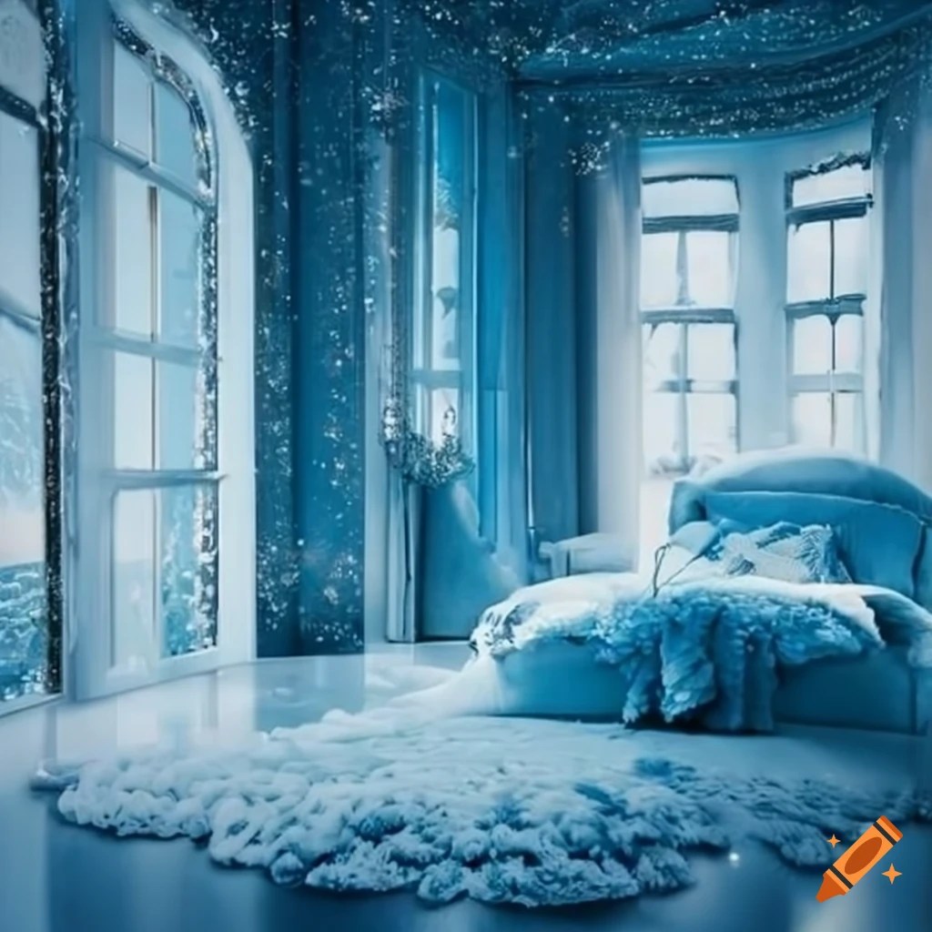 Luxurious icy blue bedroom with beautiful snowy view from window on Craiyon