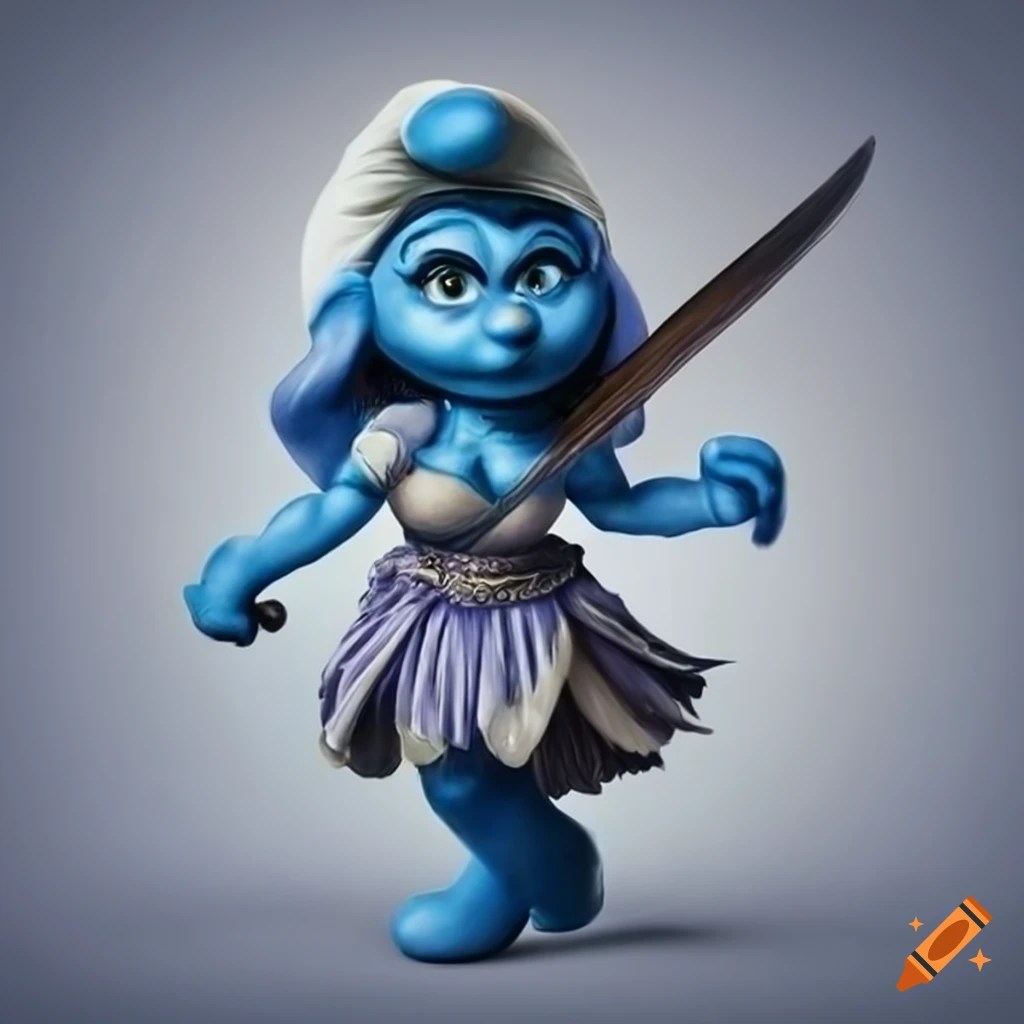 Portrait of winged blue angel female smurf warrior carrying a large sword