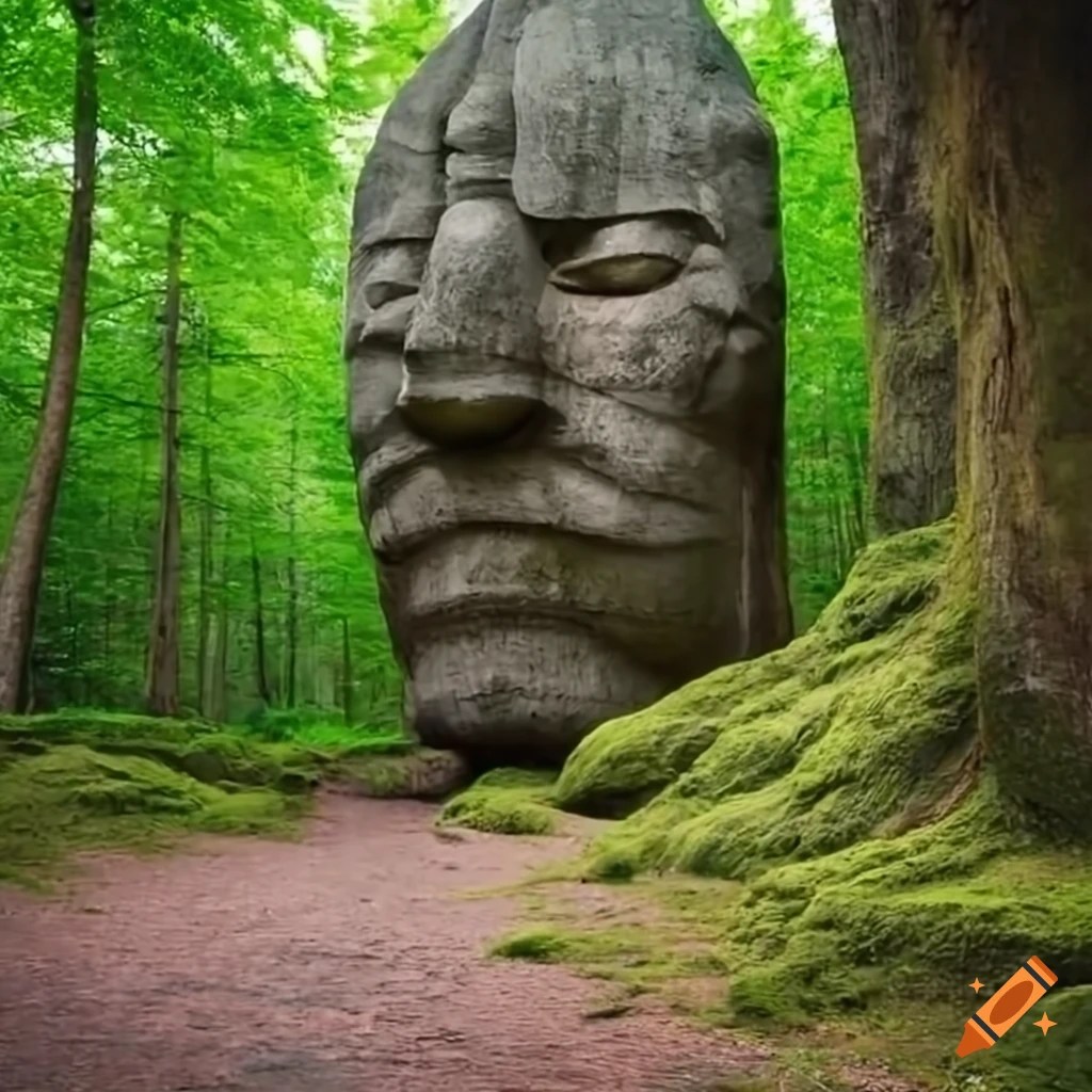 Giant rock statue in the forest