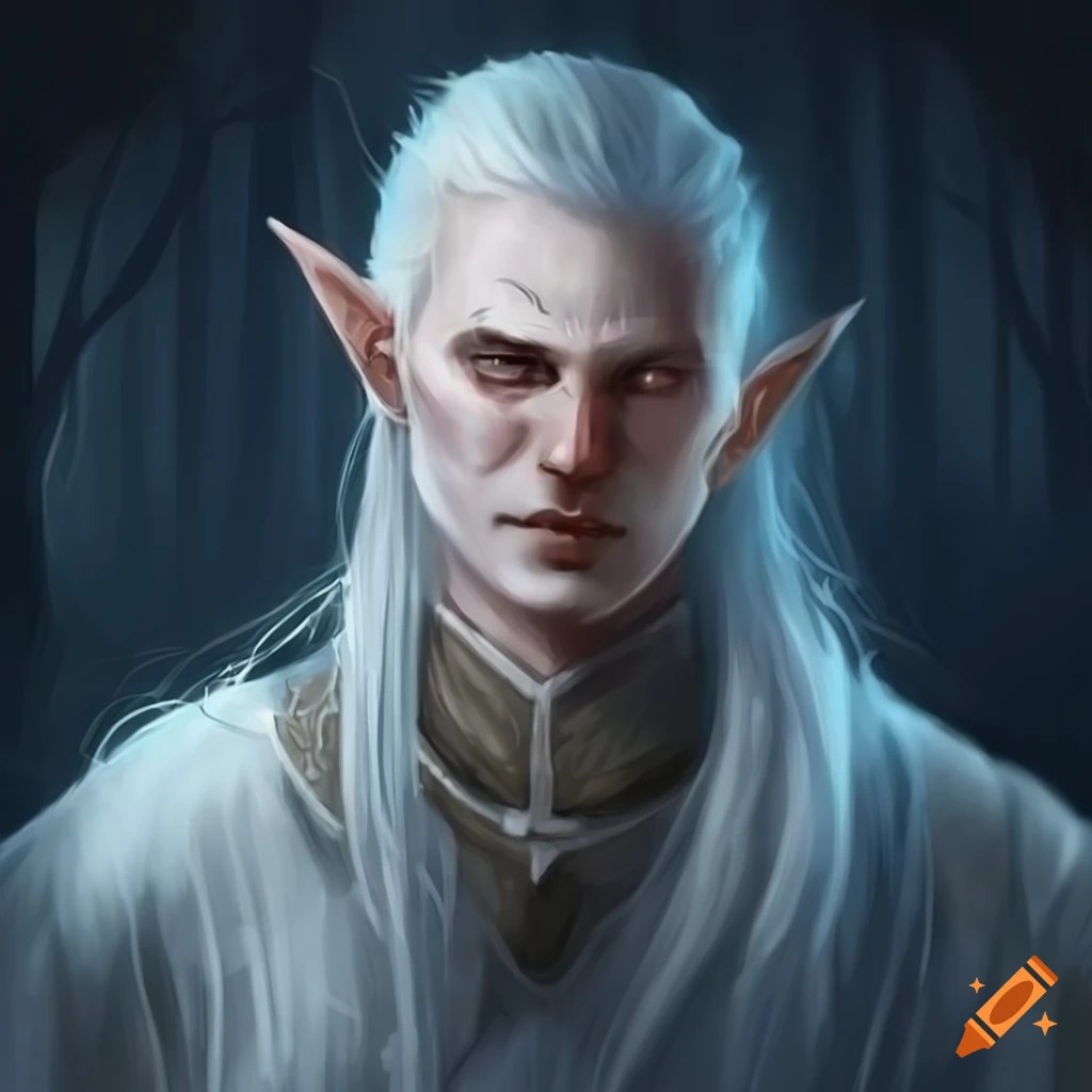 Man, elf, white hair, white robes, father, priest, fantasy, grin