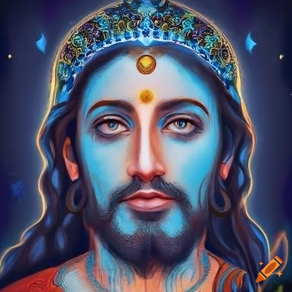 Yeshua jesus christ with blue skin in a hindu art style, ornate