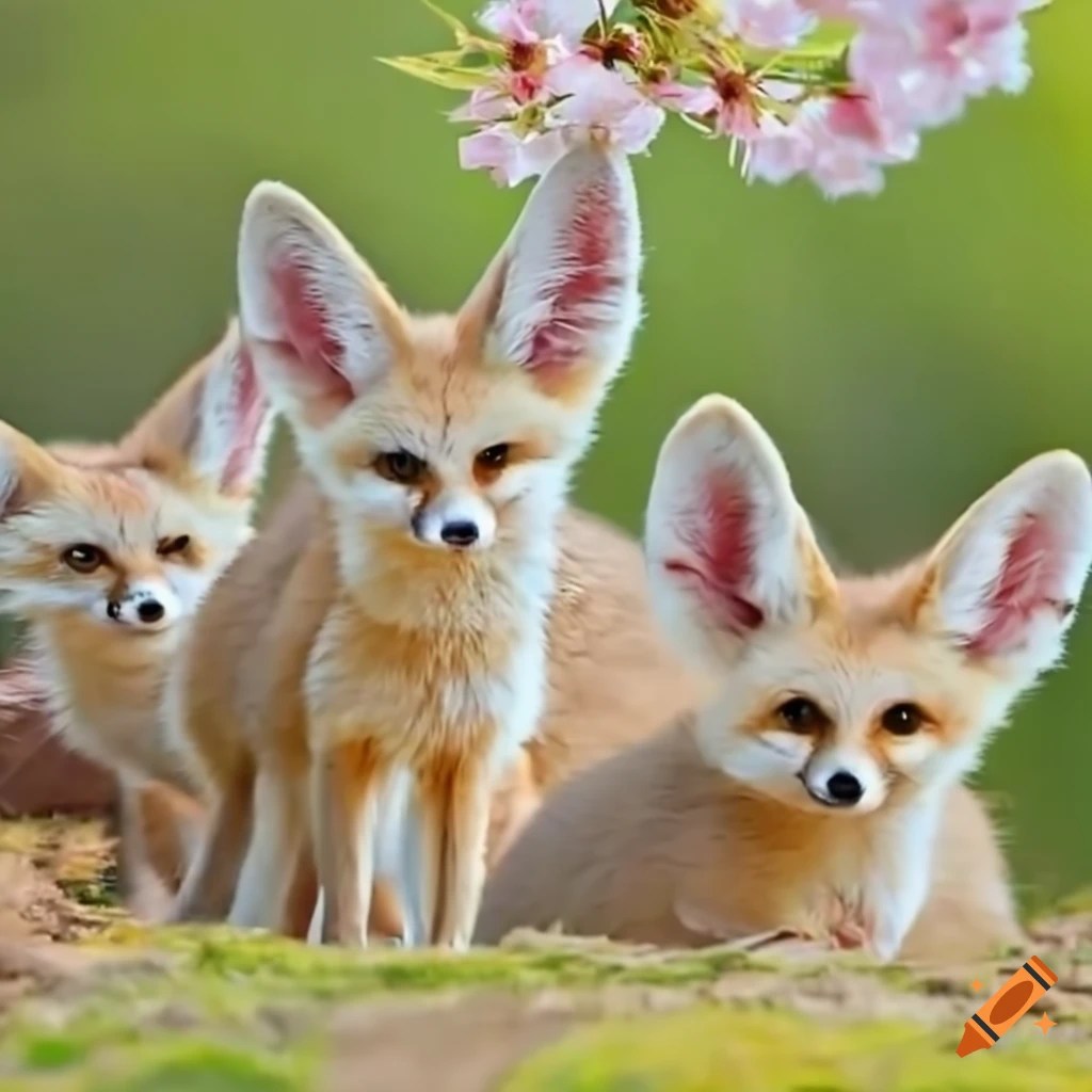 A group of adorable fennec foxes in a cherry blossom forest on Craiyon