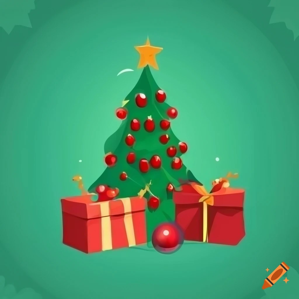Cartoon illustration of christmas tree with ornaments and red star on