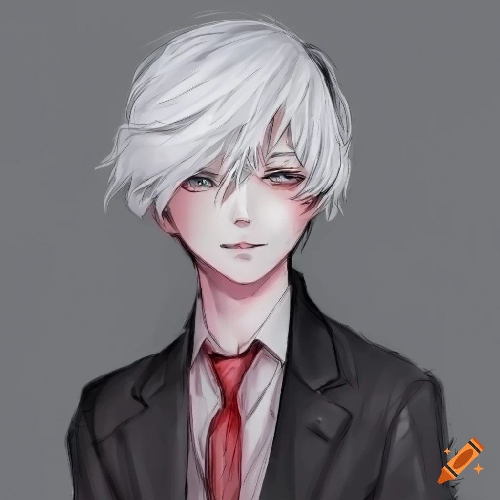 Blushing anime boy with white hair, a red banded black fedora and a