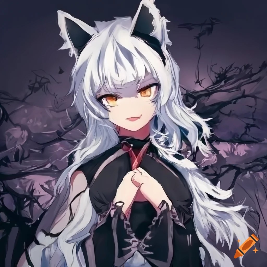 Wolf girl with white hair and black clothes she has a menacing smile