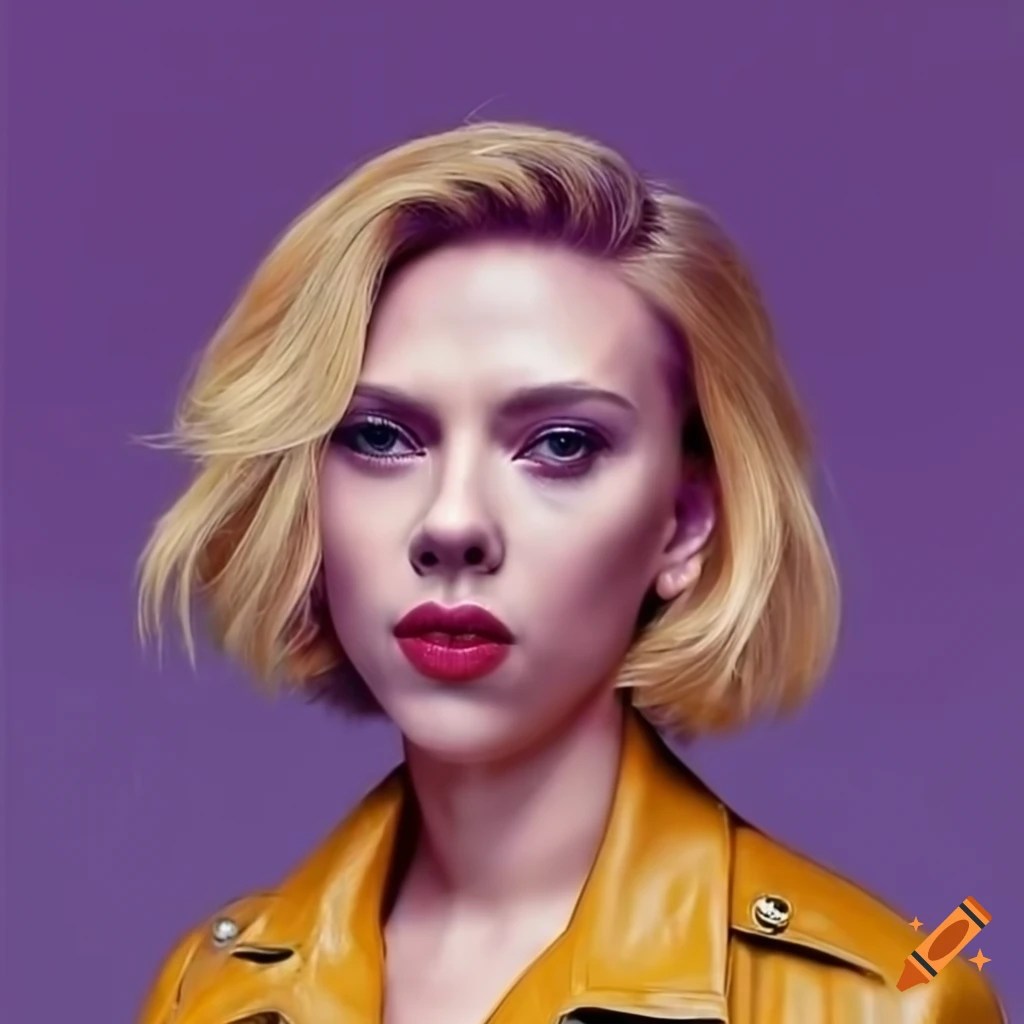 Scarlett johansson with bob haircut , yellow leather jacket. purple