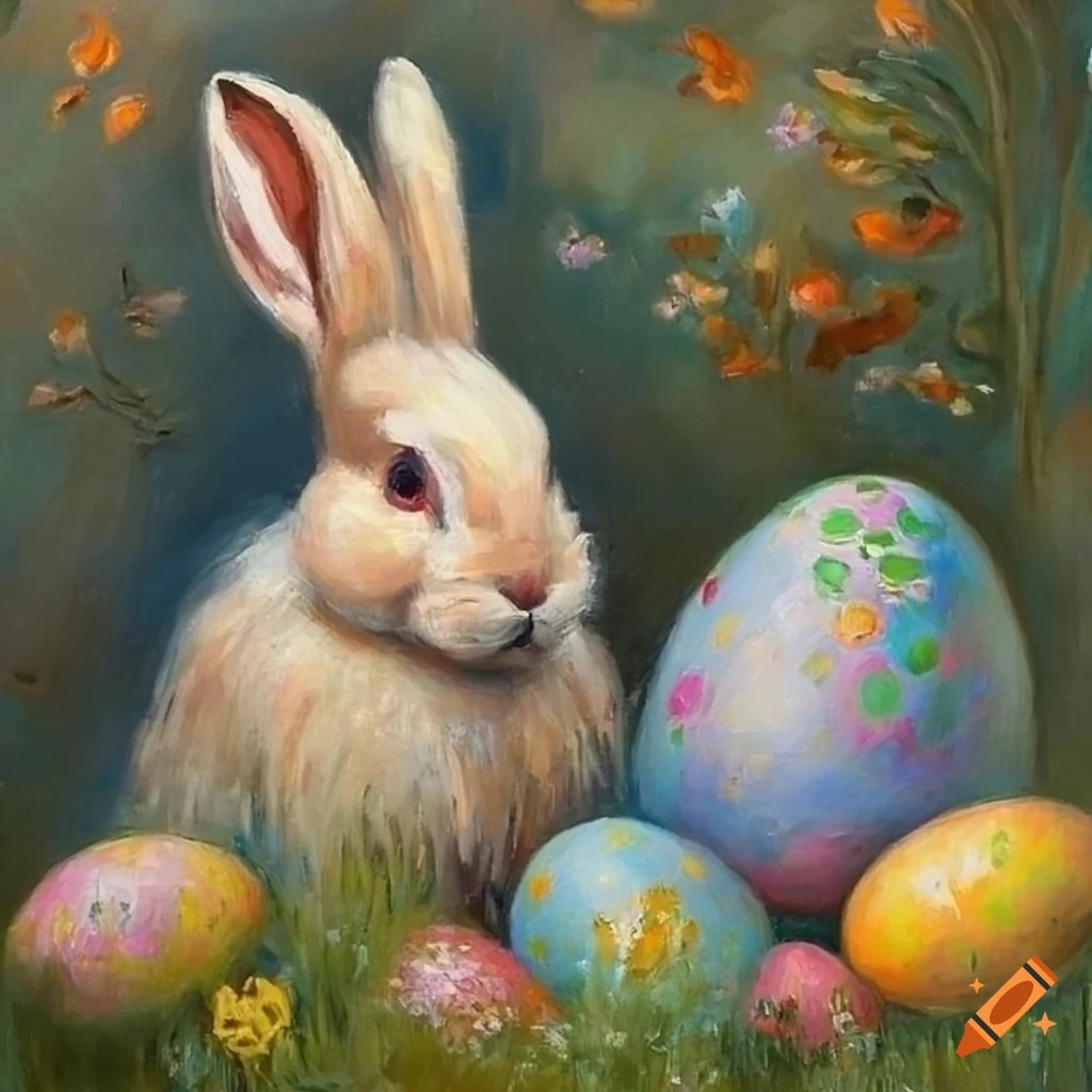 Oil painting of the easter bunny against the background of beautiful