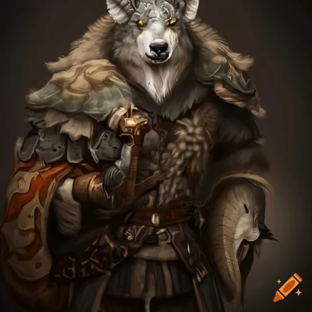 A sheep warrior wearing wolf skin and armour