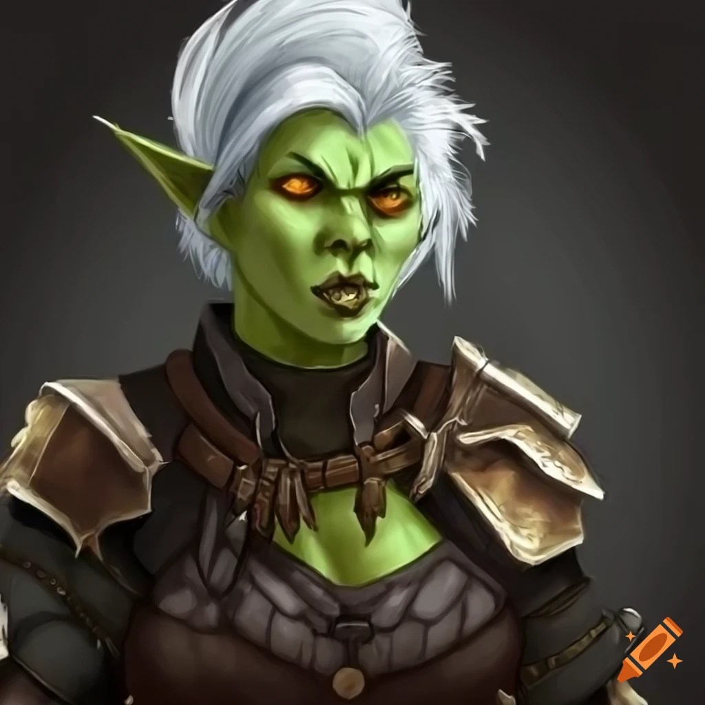 Determined female halforc deputy with spiky white hair and golden eyes