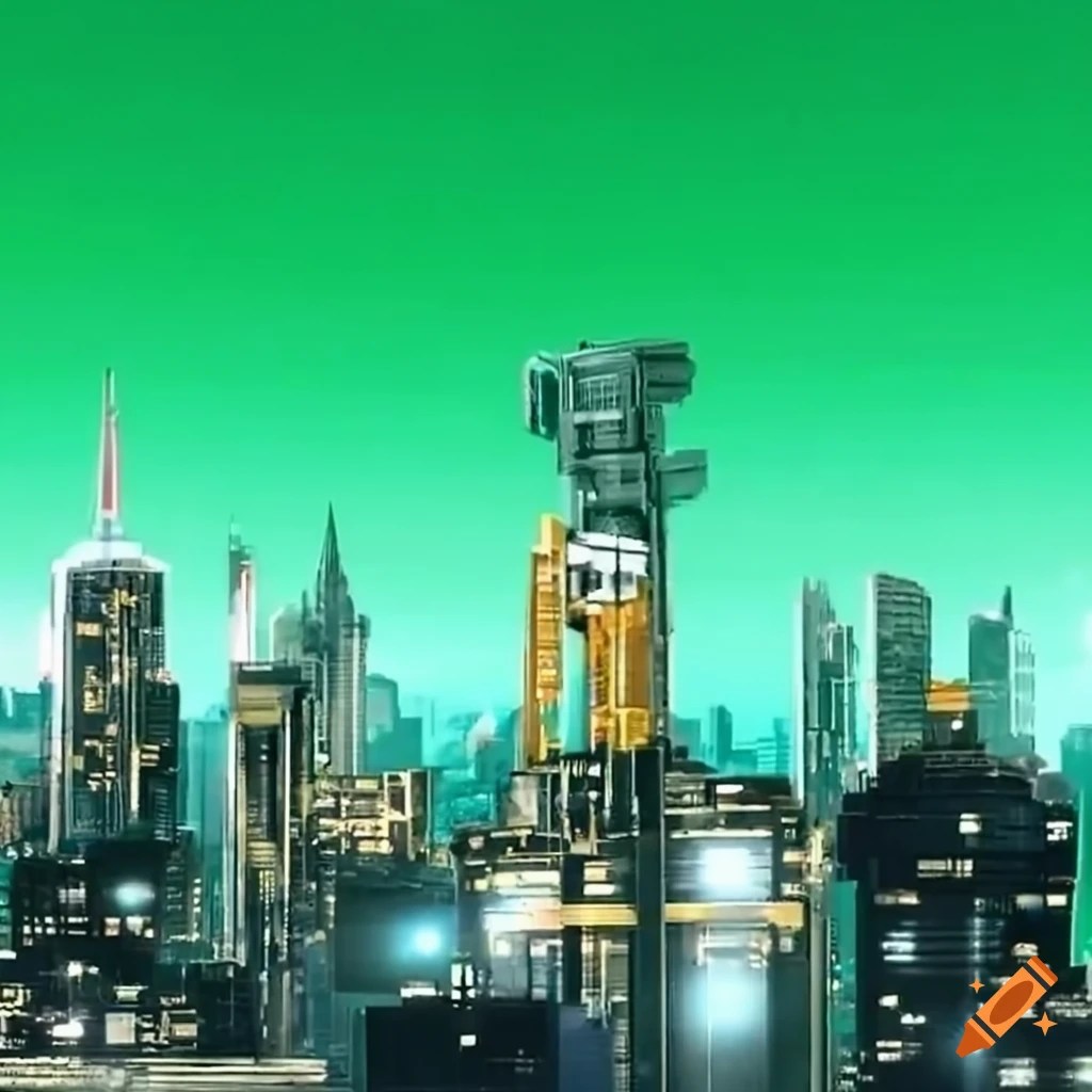 Scifi nighttime cityscape skyline (green screen background) on Craiyon
