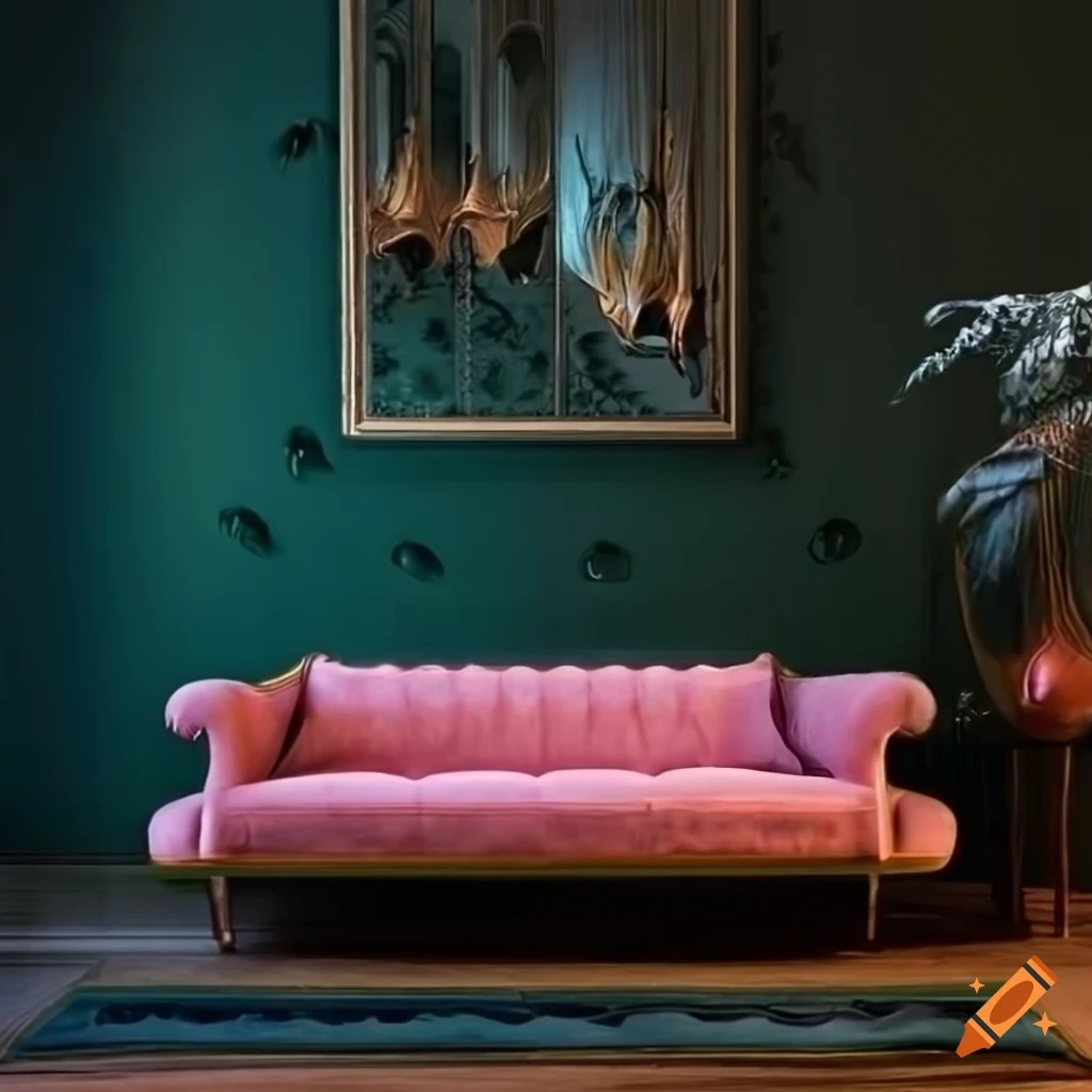 Photorealistic dark green art deco couch and light pink ottoman in a