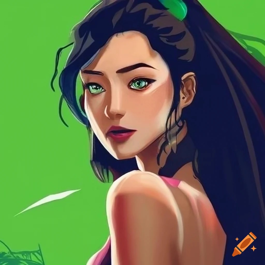 Silk screen art rendition of asami sato with green eyes magic hour on