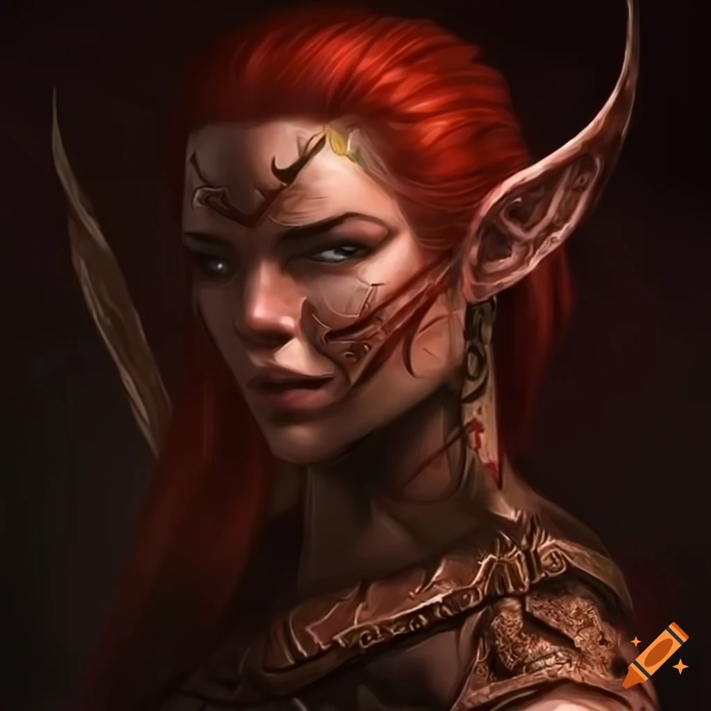 Fantasy warrior elf with red hair and red tribal marks on Craiyon