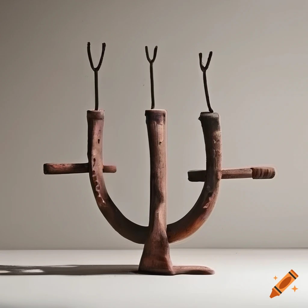 Art installation ceramic pot metal pitchfork, rustic wheel, square