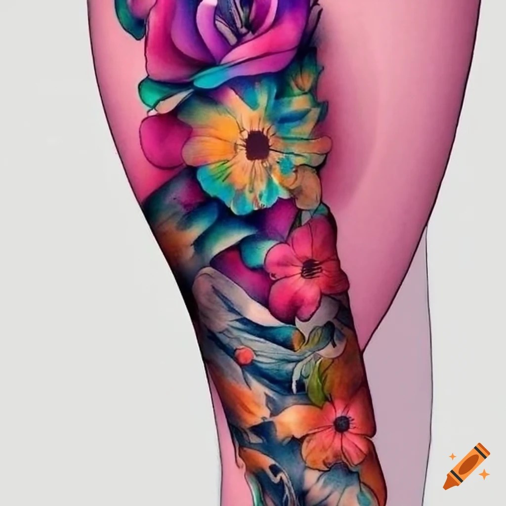 Bright and vibrant floral sleeve tattoo design on Craiyon