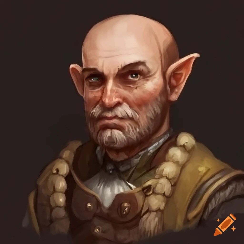 Dnd character of a middleaged halfling with a balding haircut