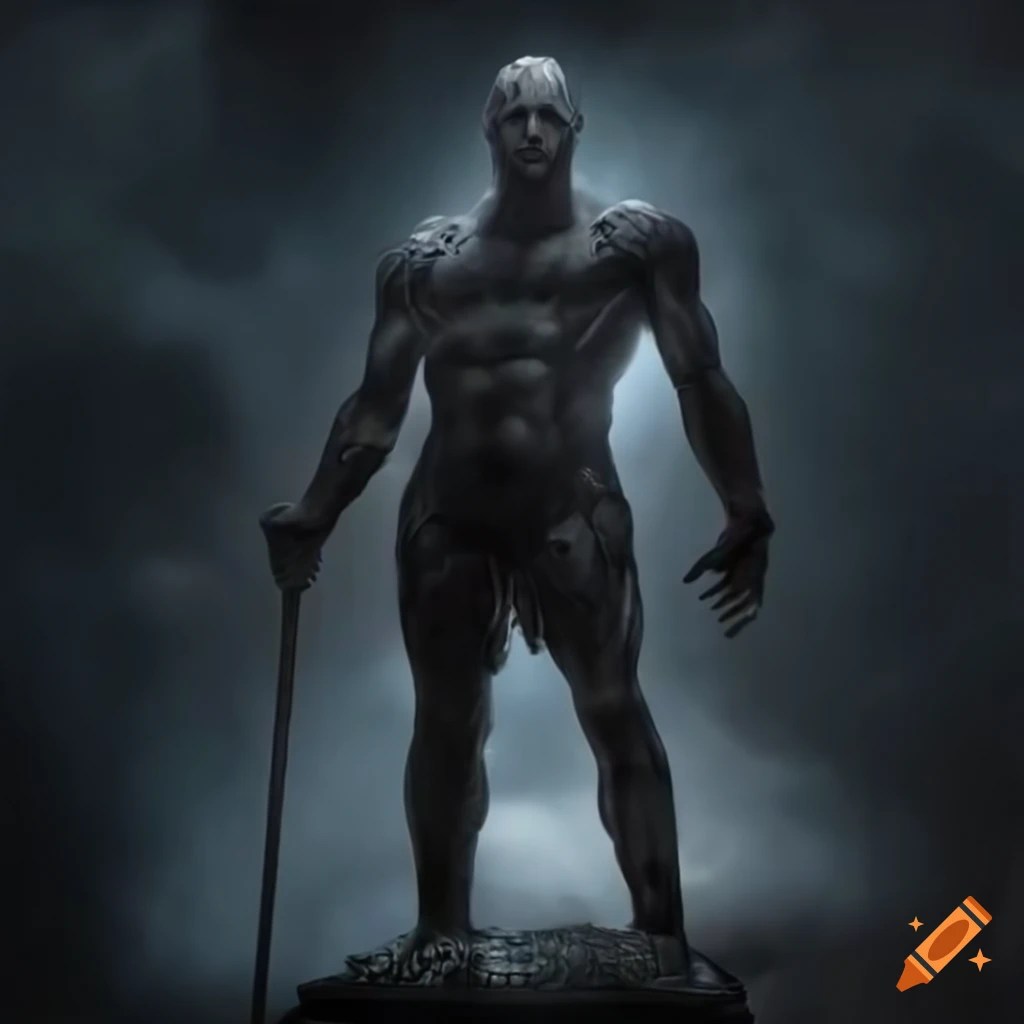 Detailed depiction of an artificial god blending ancient mythology with