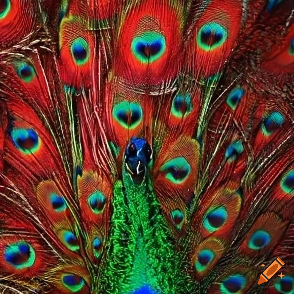 Redcolored peacock feathers on Craiyon