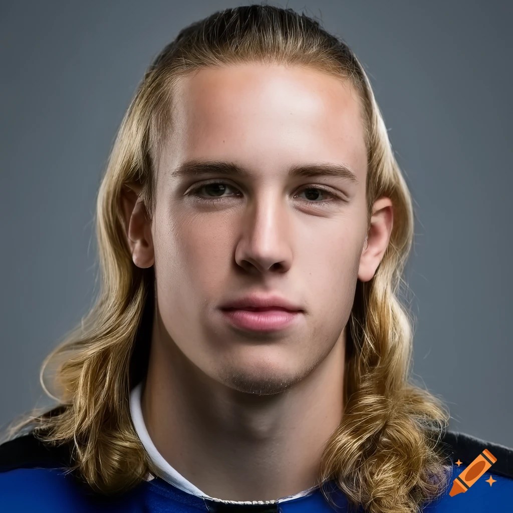 Portrait of a young male soccer player with long blonde hair on Craiyon