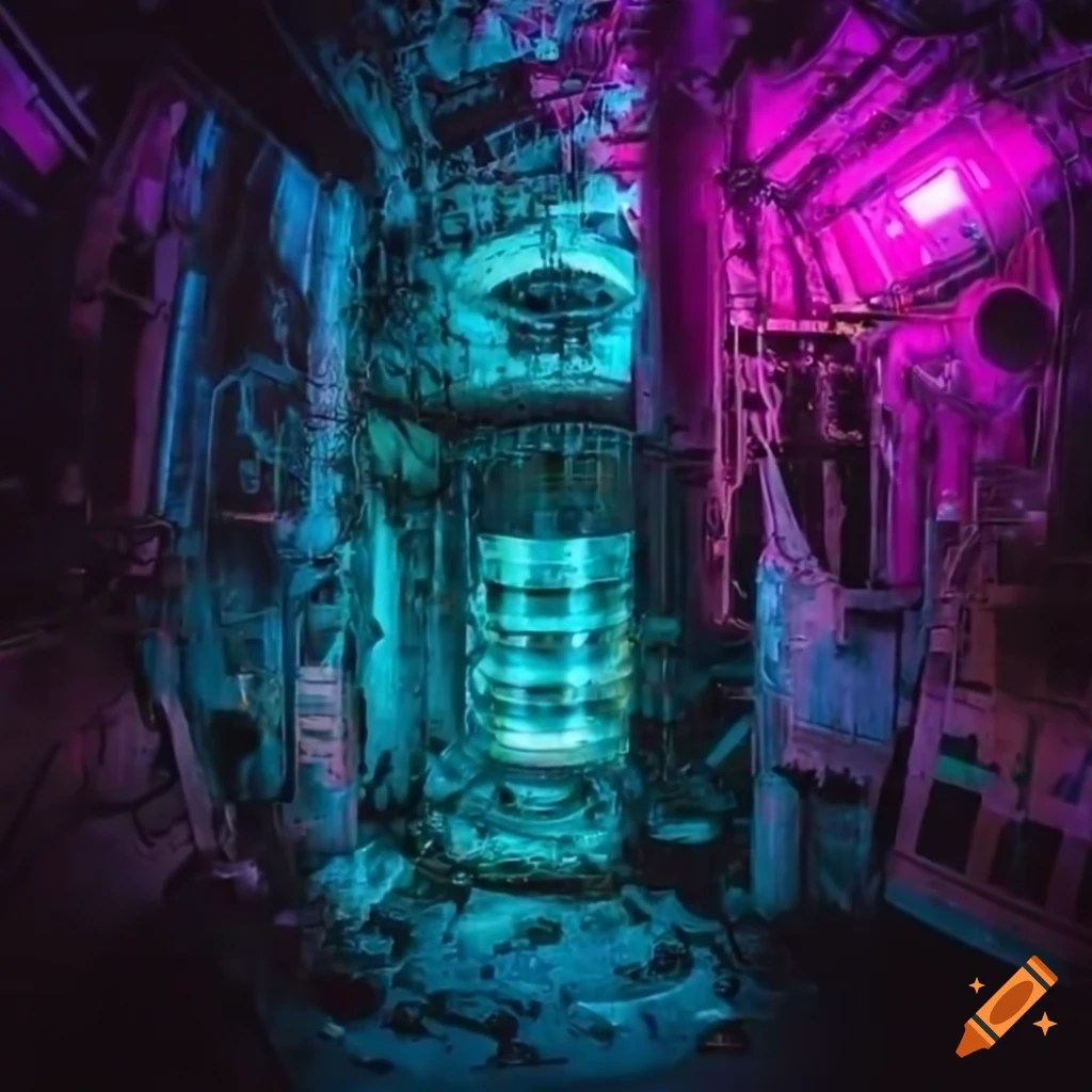 Neonlit interior of an abandoned nuclear reactor