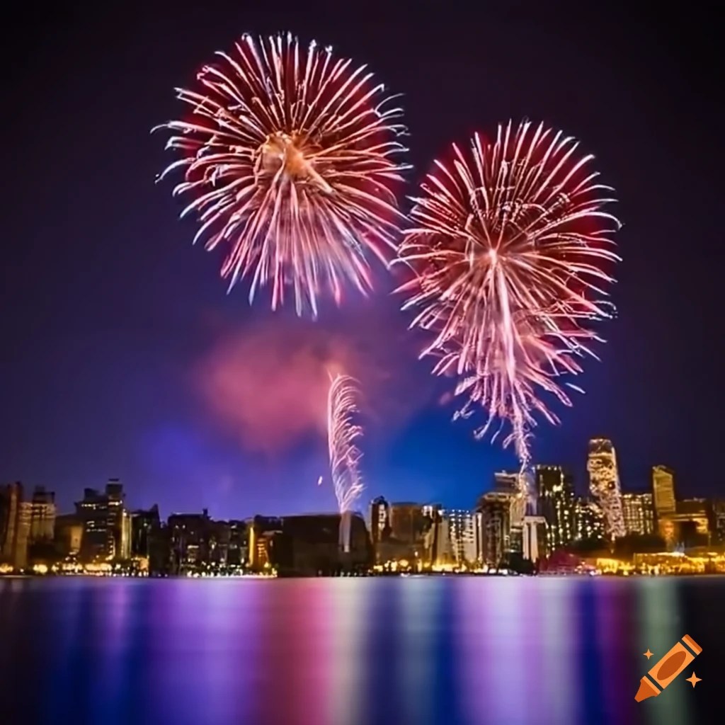 Firework display at the lakefront