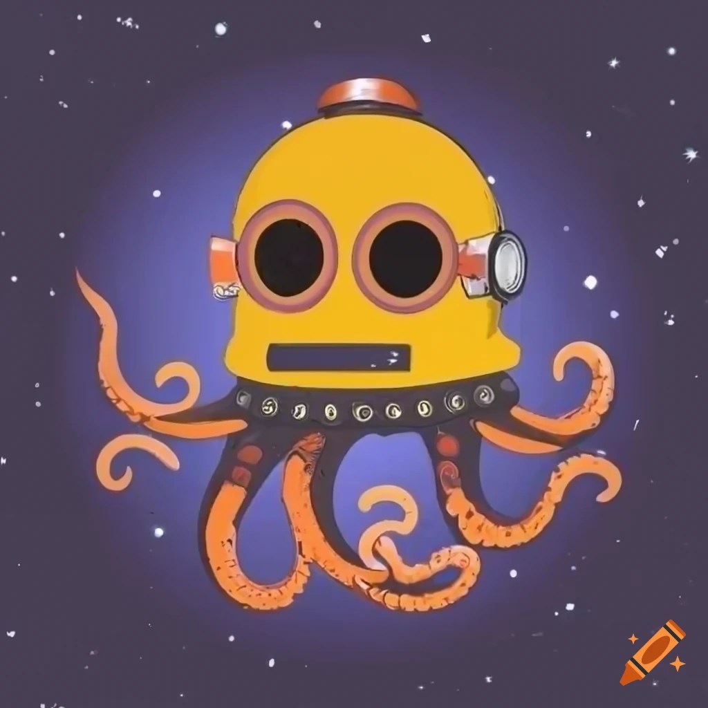 Artistic illustration of an octopus in a diving helmet in space on Craiyon