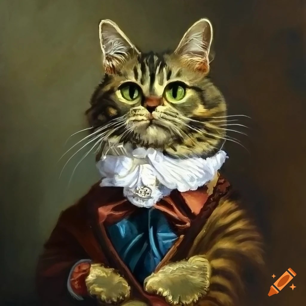 Oil painting of a cat in victorian attire