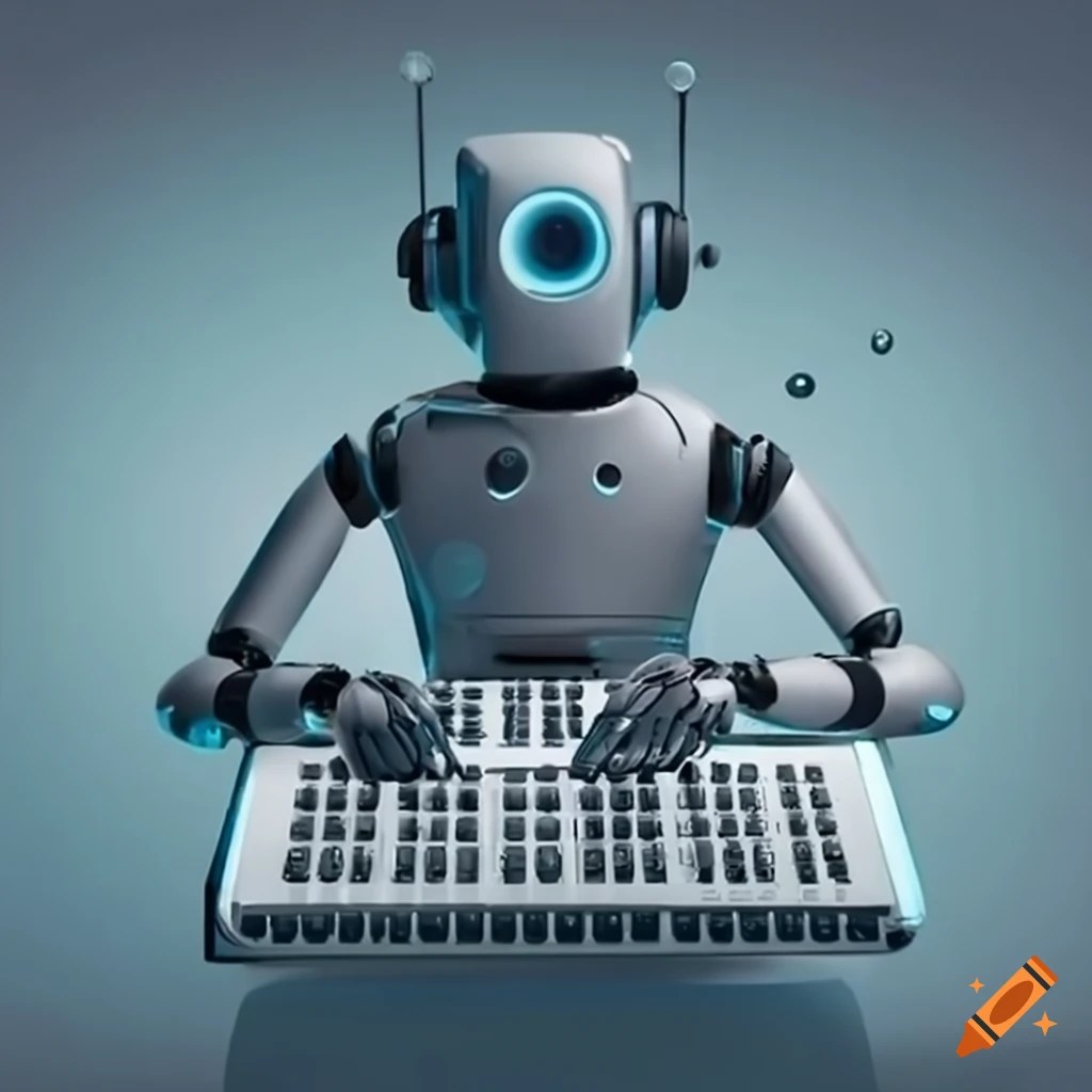 Musicmaking robot with headphones and keyboard