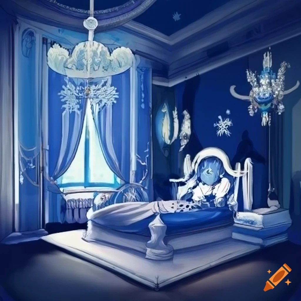 Anime royal bedroom with blue chandelier and indigo bed on Craiyon