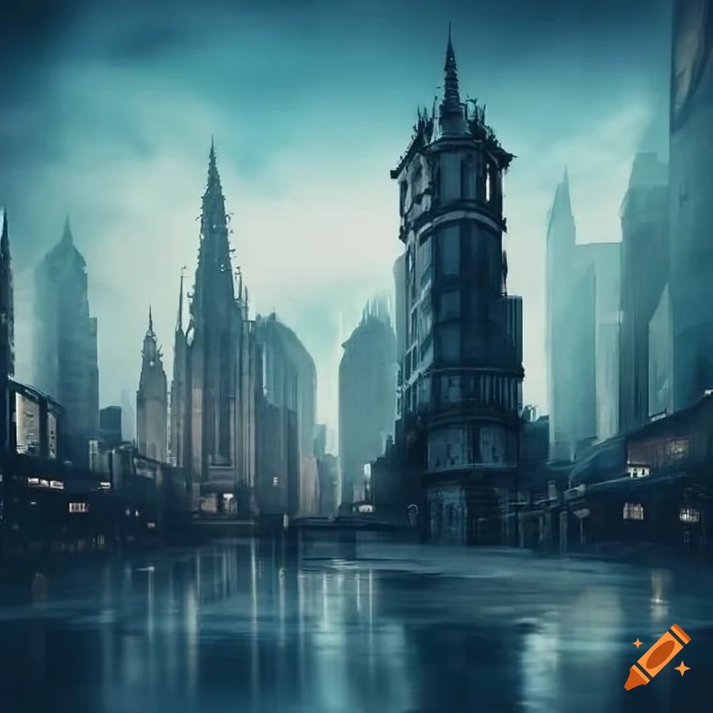 Panoramic cityscape with modern gothic architecture on Craiyon