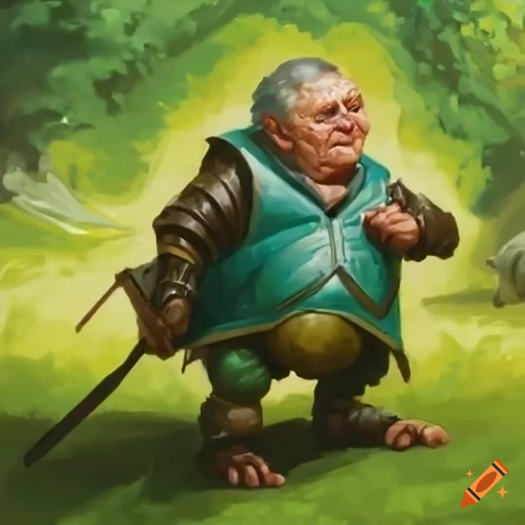 Illustration of a fat elderly halfling in a vest