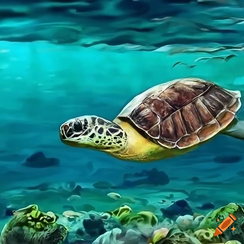 Illustration of a green sea turtle in the ocean on Craiyon