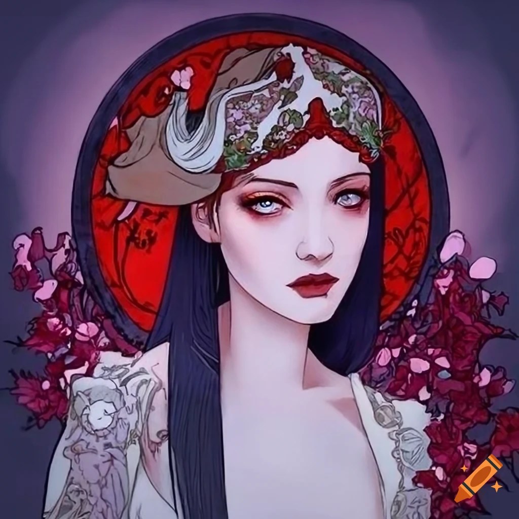 Artistic depiction of persephone in alphonse mucha style on Craiyon