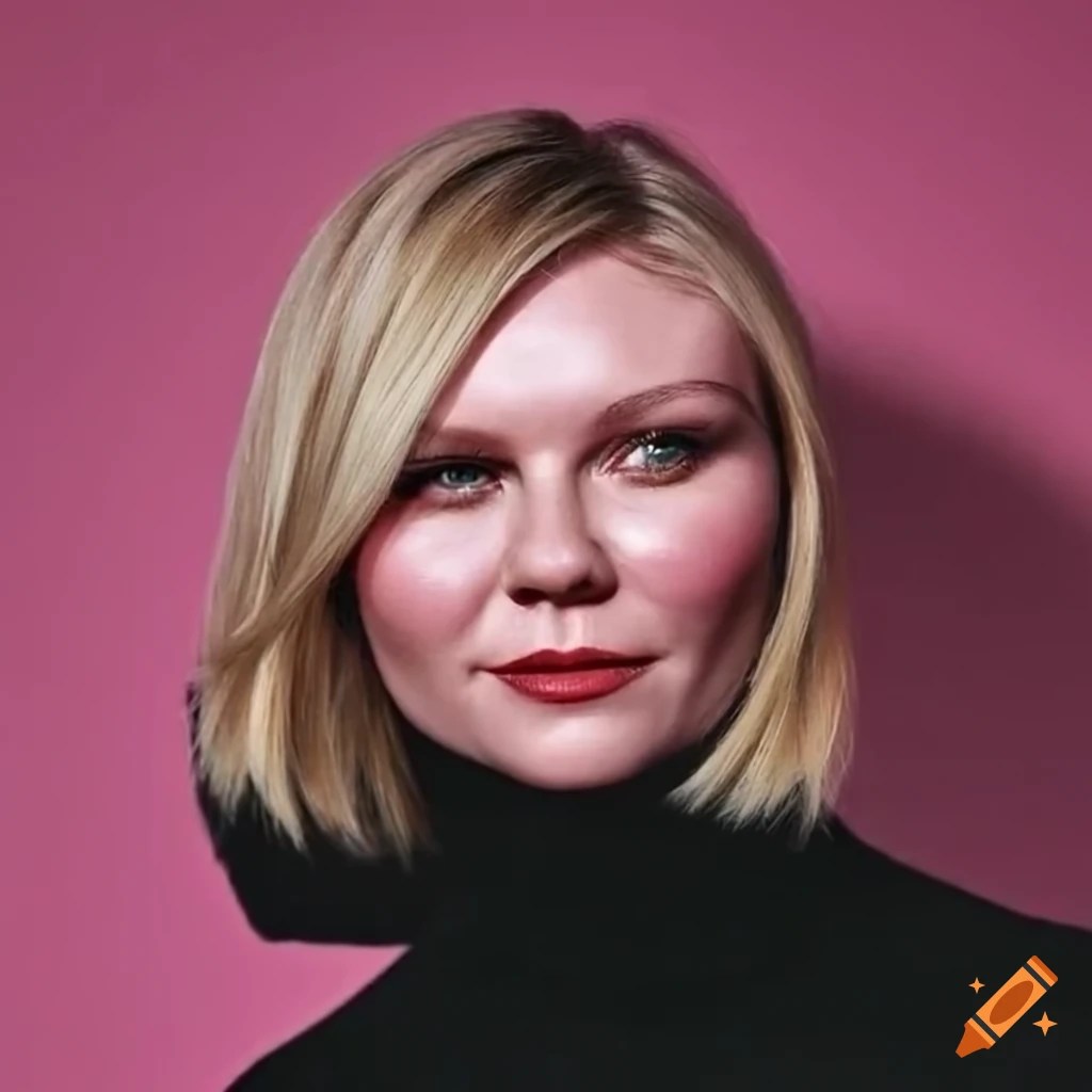Kirsten dunst with a bob haircut on pink background