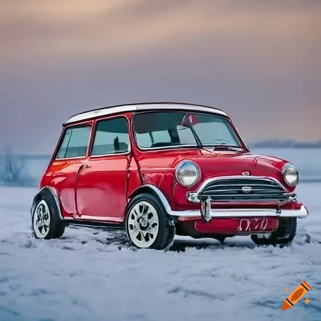 Classic mini cooper car in the snow on Craiyon