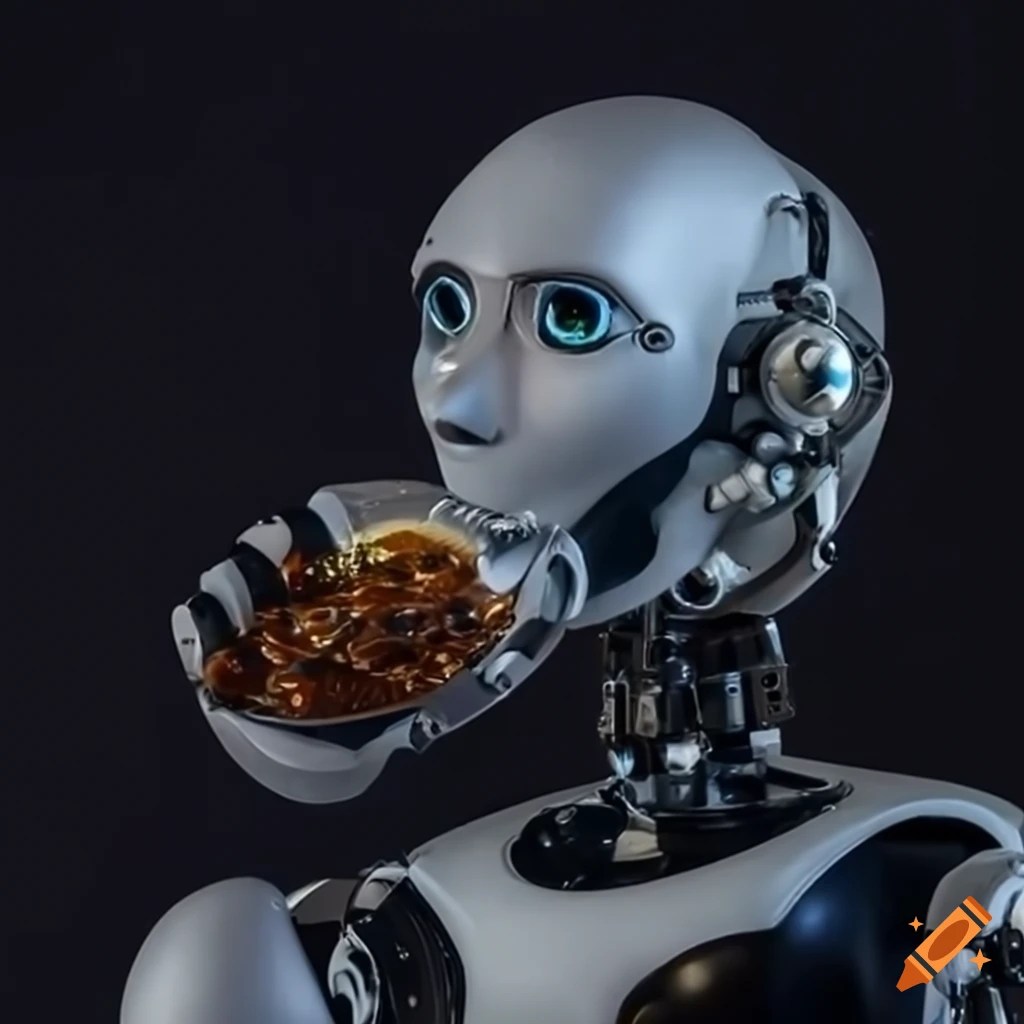 Humorous illustration of a robot eating on Craiyon
