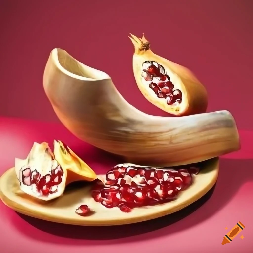 Jewish new year symbols shofar, pomegranate, apple, and honey