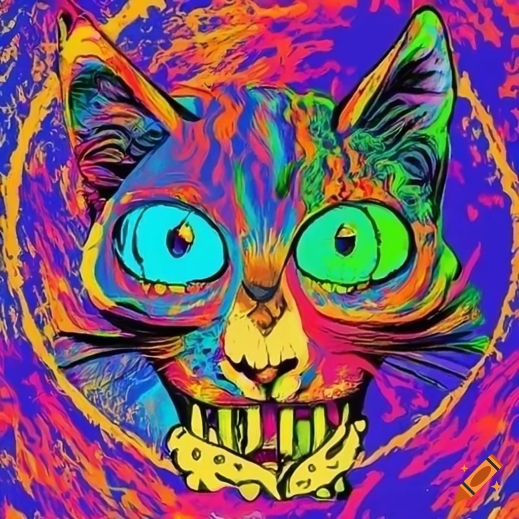 Psychedelic rock band poster featuring colorful cats on Craiyon