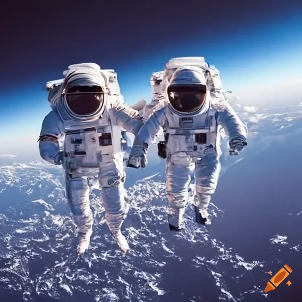 Image of two astronauts holding hands in zero gravity on Craiyon