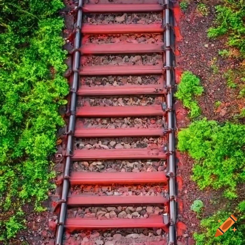 Top view of a red train track cutting through the landscape on Craiyon