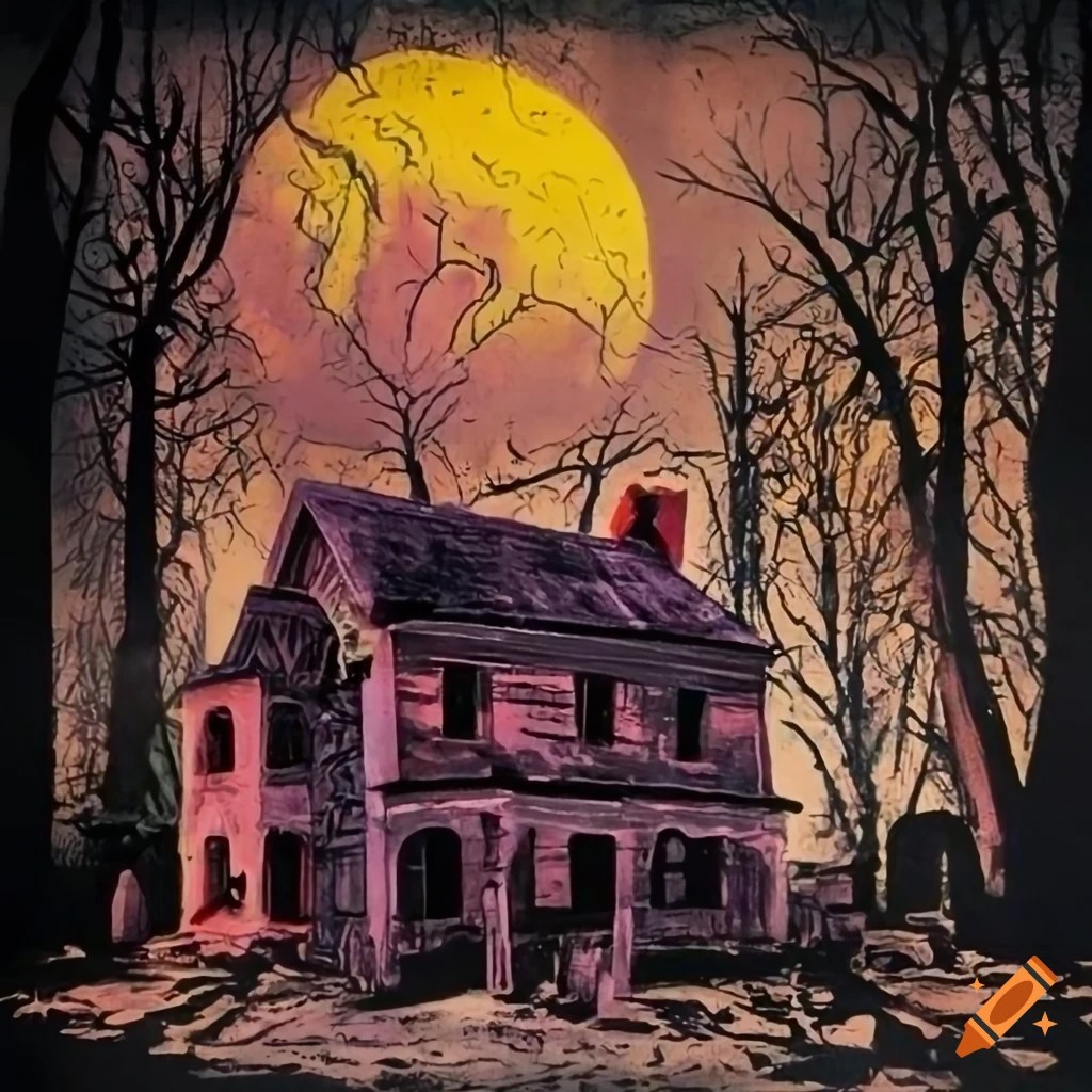 Colorful vintage horror poster of haunted house in a graveyard