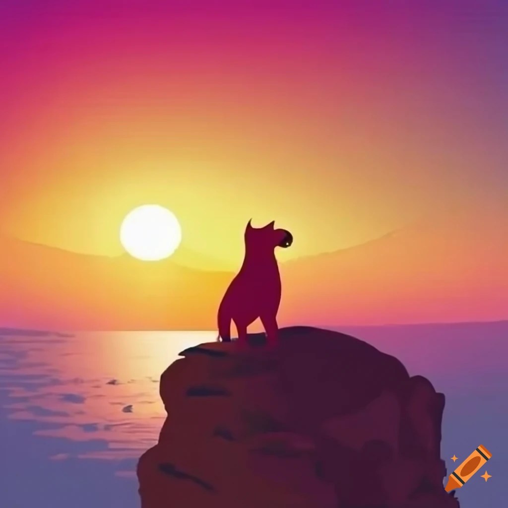 Sunset with a dog on a cliff