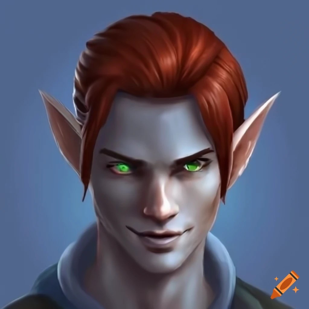 Realistic male elf with dark red hair and green eyes