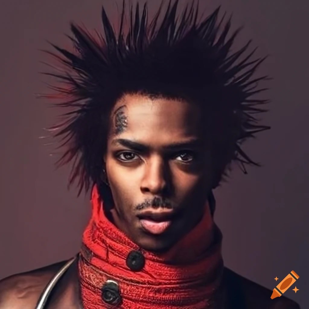 Fashionable black punk man with red jacket and spiky hair on Craiyon