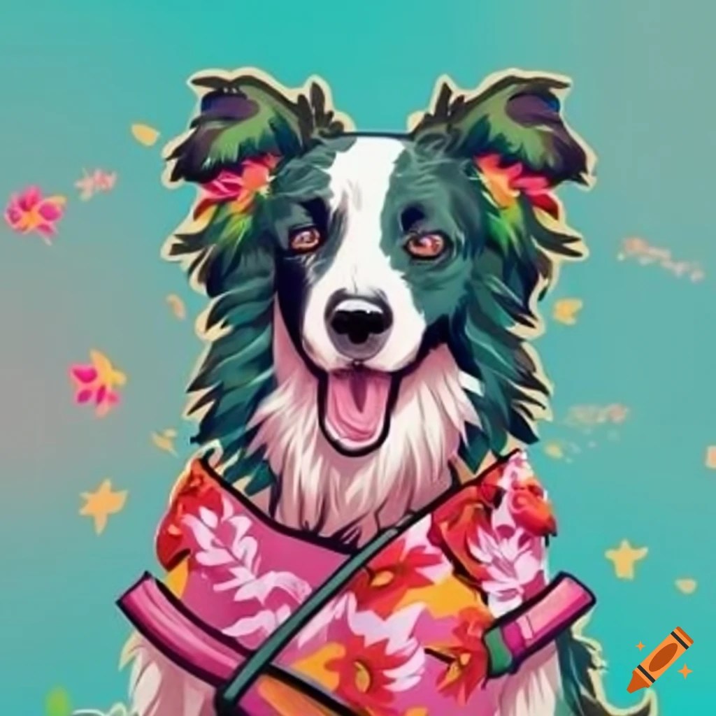 Border collie wearing a hawaiian flower life jacket on Craiyon