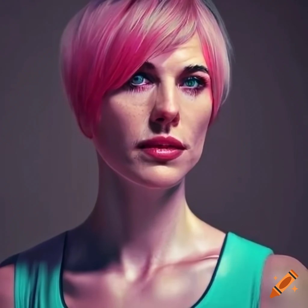 Volleyball player with short pink hair and green eyes