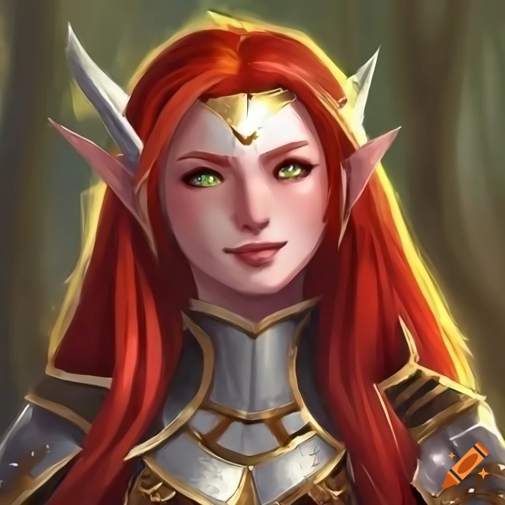 Portrait of a beautiful redhaired elf with green eyes on Craiyon