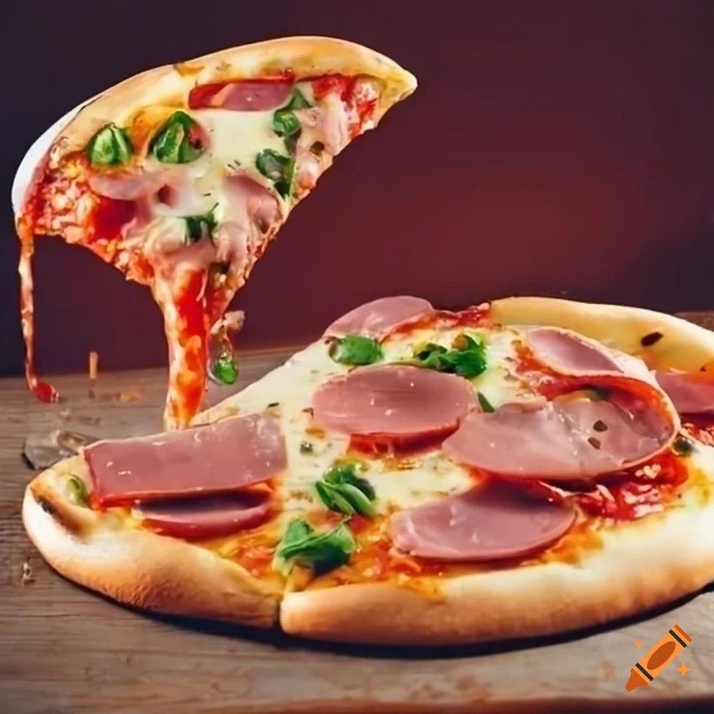 Delicious pizza with ham and pepperoni on Craiyon