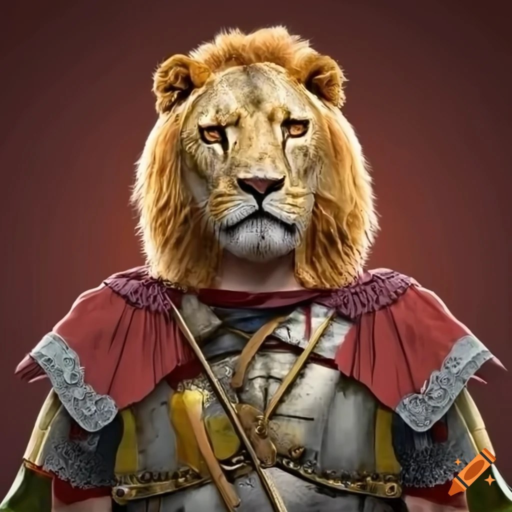 Lion man in roman armor with a glass bottle on Craiyon